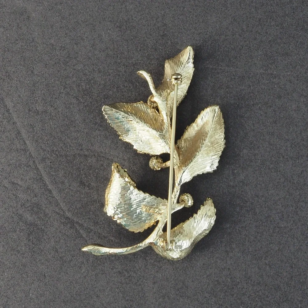 Coro Brooch Pin Leaf Berry Spray Gold Tone Textured Statement Vintage Signed